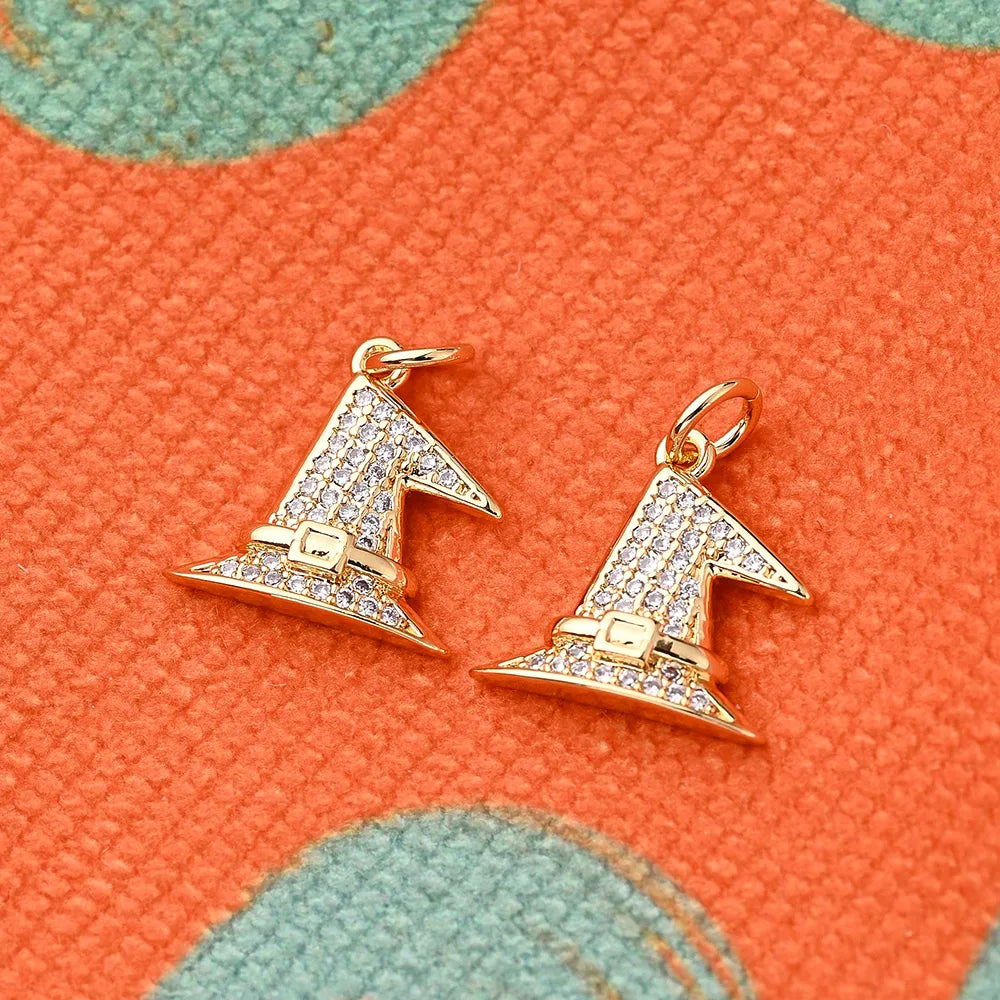 1 Pc/Package 15x15mm Hole 3~3.9mm Copper Zircon 18K Gold Plated Swimming Black White Gold Plated Halloween Pattern Wizard'S Hat Magic Hat Polished Pendant