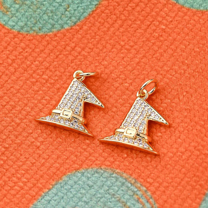 1 Pc/Package 15x15mm Hole 3~3.9mm Copper Zircon 18K Gold Plated Swimming Black White Gold Plated Halloween Pattern Wizard'S Hat Magic Hat Polished Pendant