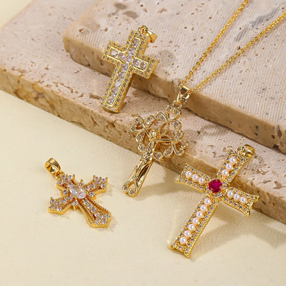 1 PCS/Package Copper Zircon 18K Gold Plated Cross Pendant