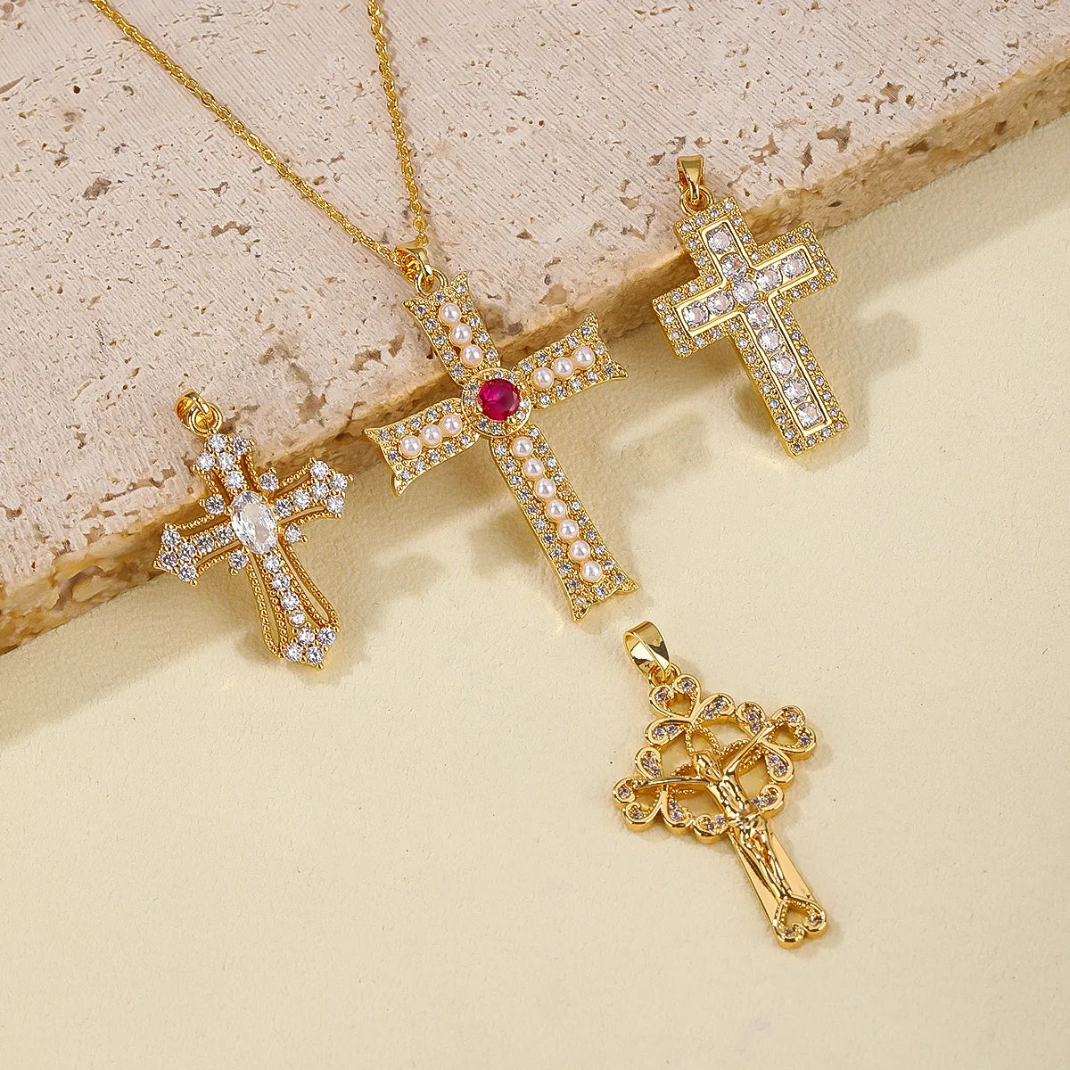 1 PCS/Package Copper Zircon 18K Gold Plated Cross Pendant