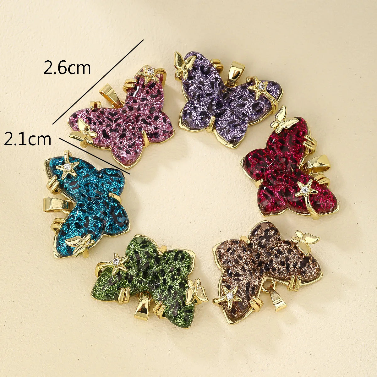 1 PCS/Package Synthetic Resin Copper Resin Zircon 18K Gold Plated Butterfly Pendant