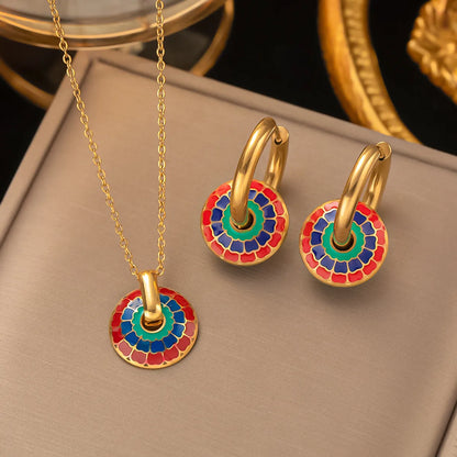 304 Stainless Steel 18K Gold Plated Retro Printing Color Block Jewelry Set