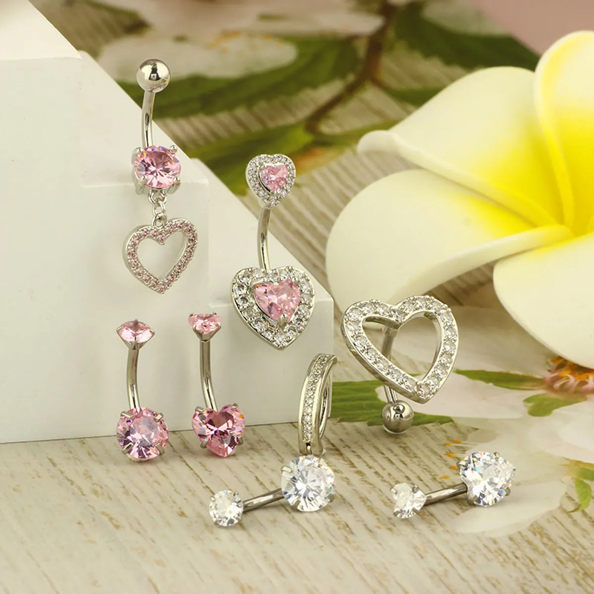 1 Piece 1 Set Belly Rings Hip-Hop Shiny Heart Shape 316 Stainless Steel  Copper Inlay Zircon Belly Rings