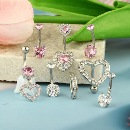 1 Piece 1 Set Belly Rings Hip-Hop Shiny Heart Shape 316 Stainless Steel  Copper Inlay Zircon Belly Rings