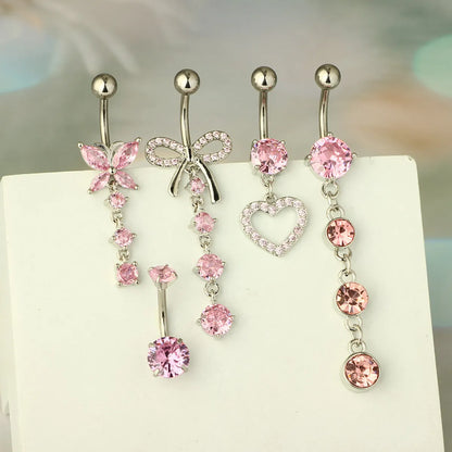 1 Piece 1 Set Belly Rings Sweet Simple Style Shiny Heart Shape Butterfly Bow Knot 316 Stainless Steel  Copper Inlay Zircon