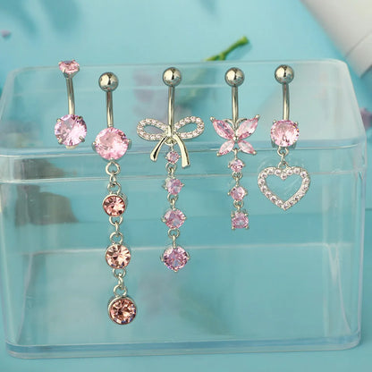 1 Piece 1 Set Belly Rings Sweet Simple Style Shiny Heart Shape Butterfly Bow Knot 316 Stainless Steel  Copper Inlay Zircon