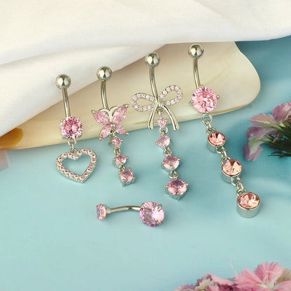 1 Piece 1 Set Belly Rings Sweet Simple Style Shiny Heart Shape Butterfly Bow Knot 316 Stainless Steel  Copper Inlay Zircon