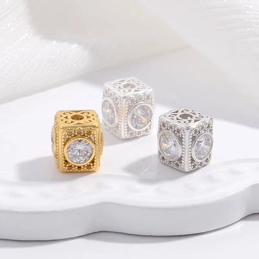 1 Piece 10.2*10mm Hole 2~2.9mm Sterling Silver Zircon 22K Gold Plated Rhodium Plated Square Beads