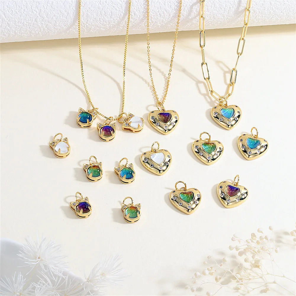 1 Piece 14*14mm 8*10mm Copper Natural Stone Crystal Zircon 18K Gold Plated Heart Shape Cat Pendant