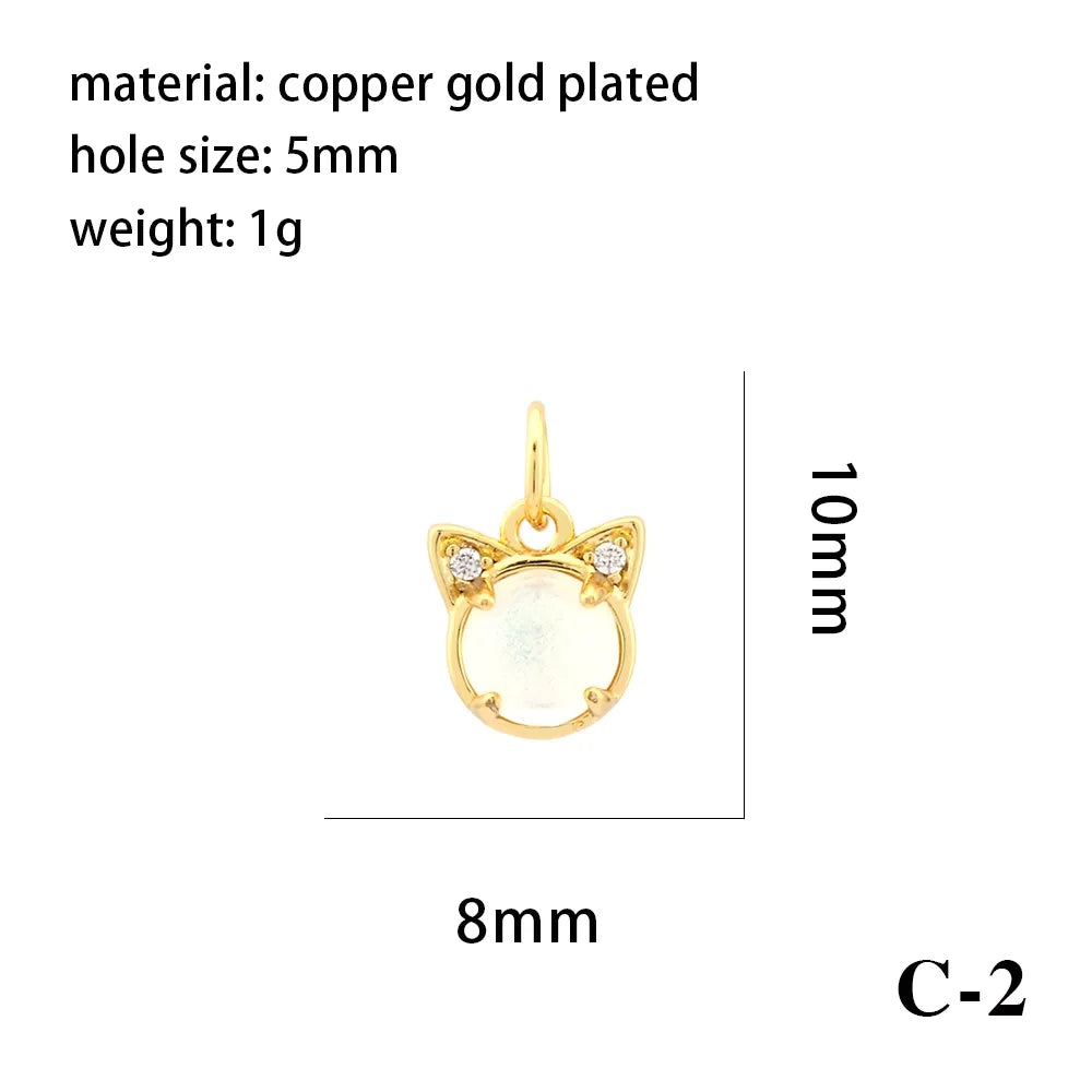 1 Piece 14*14mm 8*10mm Copper Natural Stone Crystal Zircon 18K Gold Plated Heart Shape Cat Pendant