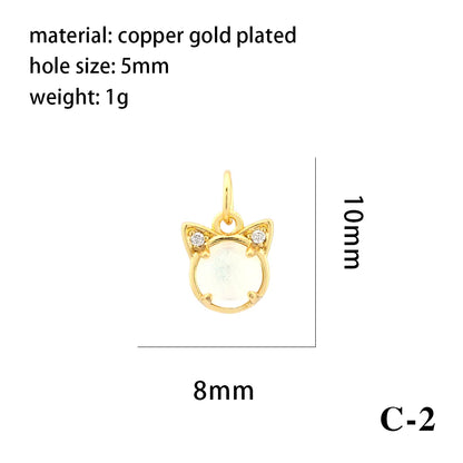 1 Piece 14*14mm 8*10mm Copper Natural Stone Crystal Zircon 18K Gold Plated Heart Shape Cat Pendant