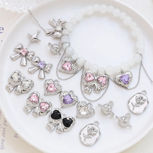 1 Piece 17*13mm 19*16mm 23 * 20mm Alloy Rhinestones Heart Shape Rose Bow Knot Polished Pendant