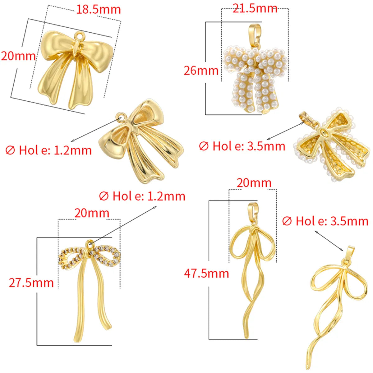 1 Piece 18.5*20mm 20*27.5mm 21.5*26mm Hole 1~1.9mm Hole 3~3.9mm Brass Pearl Zircon 18K Gold Plated Bow Knot Polished Pendant