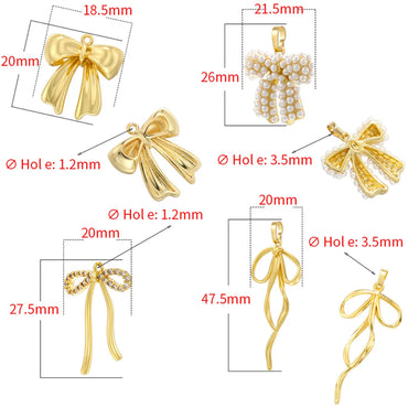 1 Piece 18.5*20mm 20*27.5mm 21.5*26mm Hole 1~1.9mm Hole 3~3.9mm Brass Pearl Zircon 18K Gold Plated Bow Knot Polished Pendant