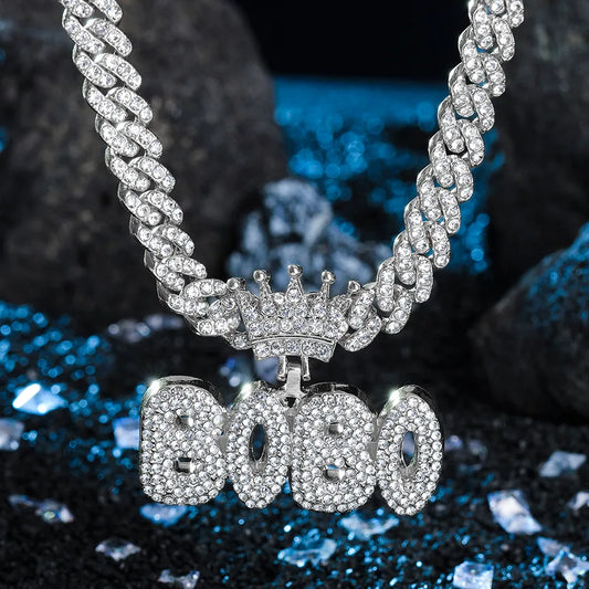 1PC Hiphop Man Silver Plated Crown Letter Bobo Pendant Charm Necklace Fashion Cuban Link Chain Necklace Gold Jewelry