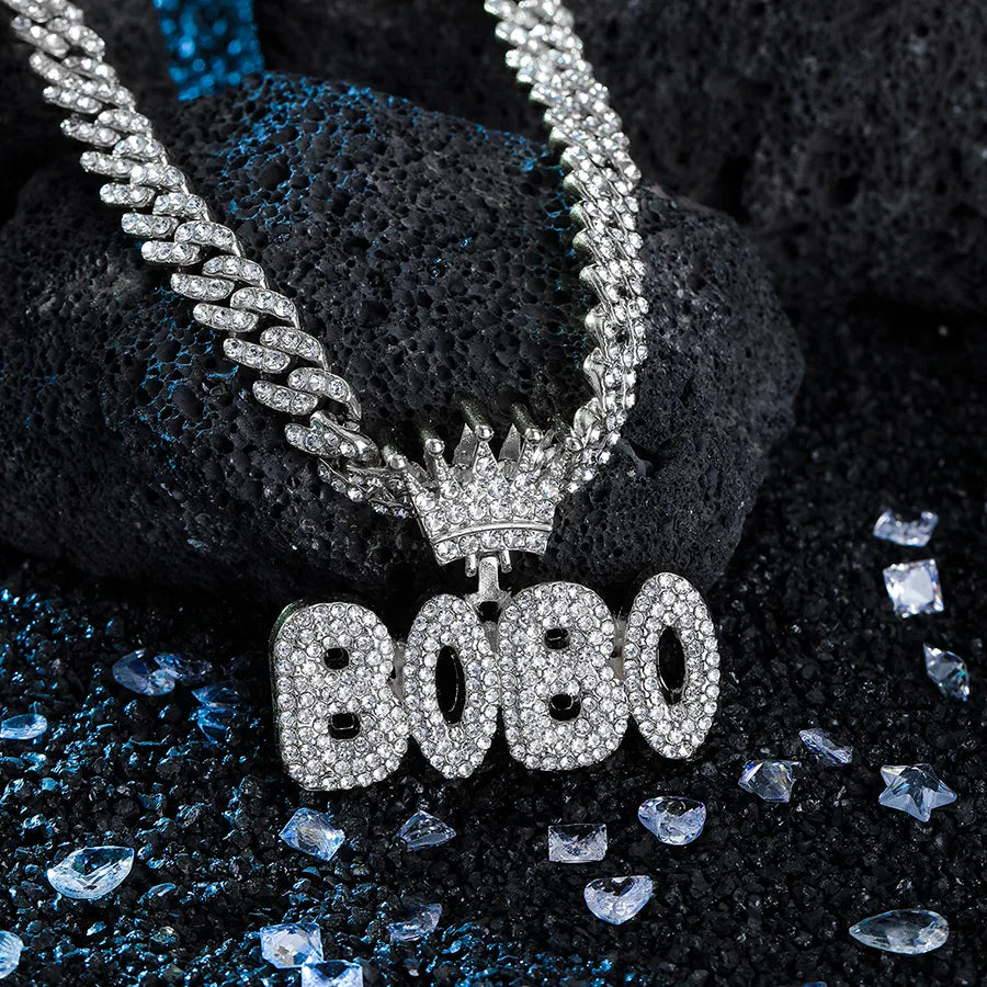 1PC Hiphop Man Silver Plated Crown Letter Bobo Pendant Charm Necklace Fashion Cuban Link Chain Necklace Gold Jewelry