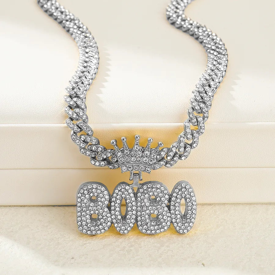 1PC Hiphop Man Silver Plated Crown Letter Bobo Pendant Charm Necklace Fashion Cuban Link Chain Necklace Gold Jewelry