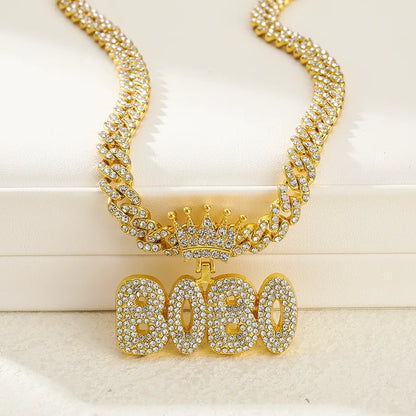 1PC Hiphop Man Silver Plated Crown Letter Bobo Pendant Charm Necklace Fashion Cuban Link Chain Necklace Gold Jewelry