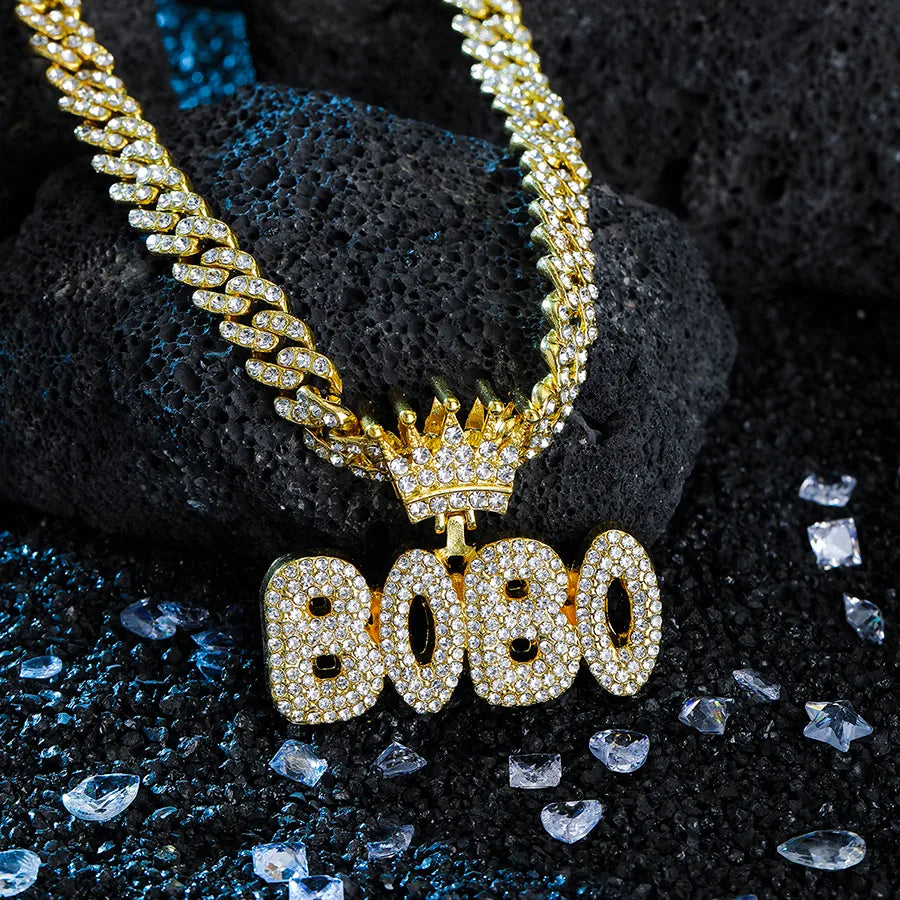 1PC Hiphop Man Silver Plated Crown Letter Bobo Pendant Charm Necklace Fashion Cuban Link Chain Necklace Gold Jewelry