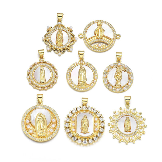 1 Piece 21 * 24mm 25 * 28mm 27 * 28mm Copper Zircon 18K Gold Plated Round Virgin Mary Polished Pendant