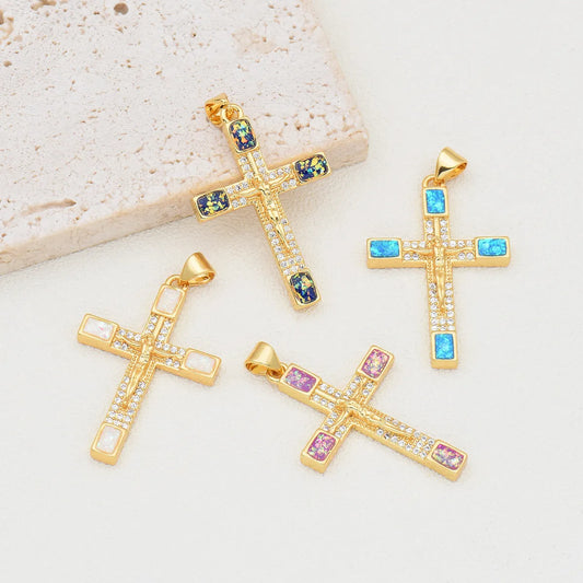 1 Piece 22*33mm Copper Zircon 18K Gold Plated Human Cross Polished Pendant