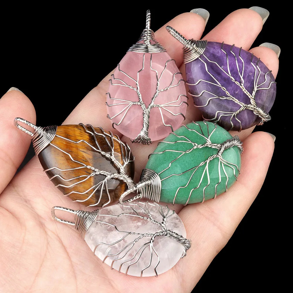 1 Piece 25*35mm Crystal Agate Water Droplets Life Tree Pendant