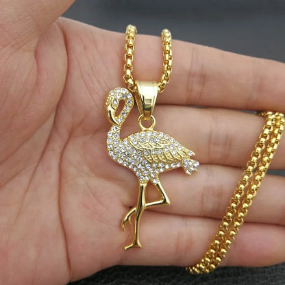 1 Piece 30*51mm 316 Stainless Steel  Zircon Gold Plated Flamingo Pendant