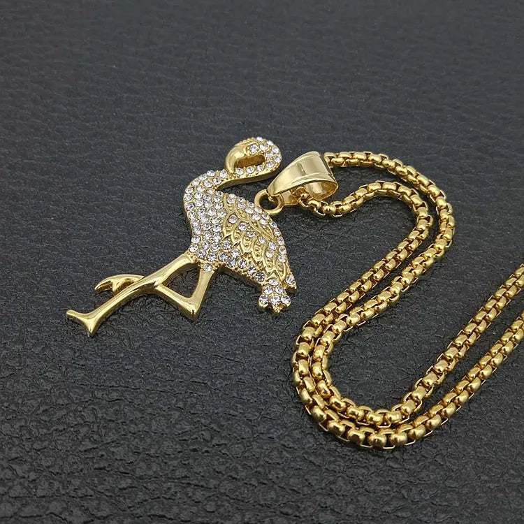 1 Piece 30*51mm 316 Stainless Steel  Zircon Gold Plated Flamingo Pendant