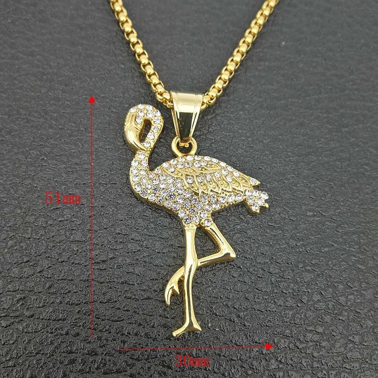 1 Piece 30*51mm 316 Stainless Steel  Zircon Gold Plated Flamingo Pendant