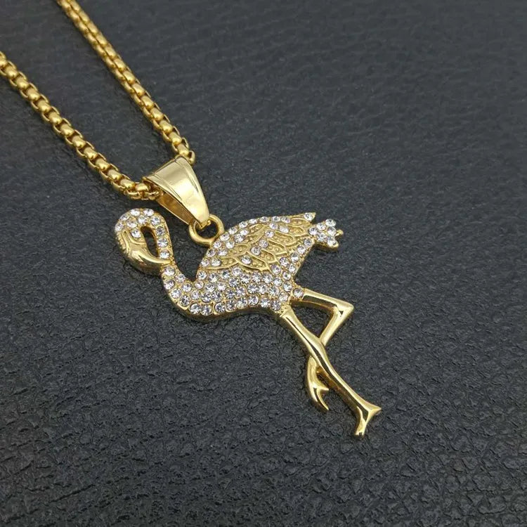 1 Piece 30*51mm 316 Stainless Steel  Zircon Gold Plated Flamingo Pendant