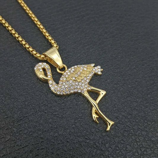 1 Piece 30*51mm 316 Stainless Steel  Zircon Gold Plated Flamingo Pendant