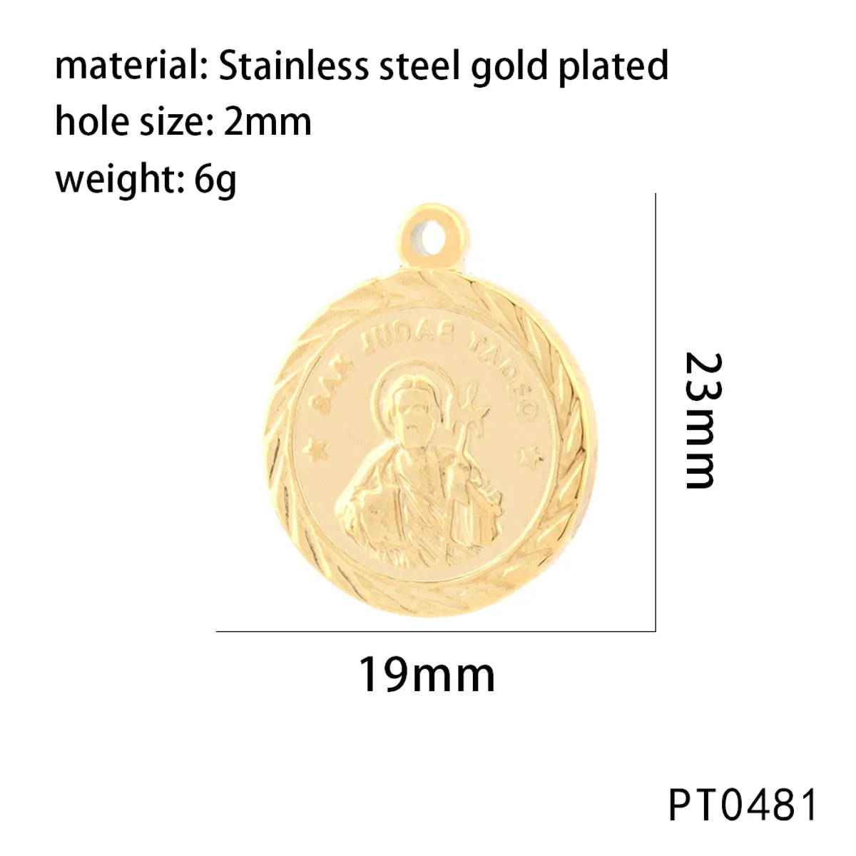 1 Piece 304 Stainless Steel 18K Gold Plated Round Polished Pendant