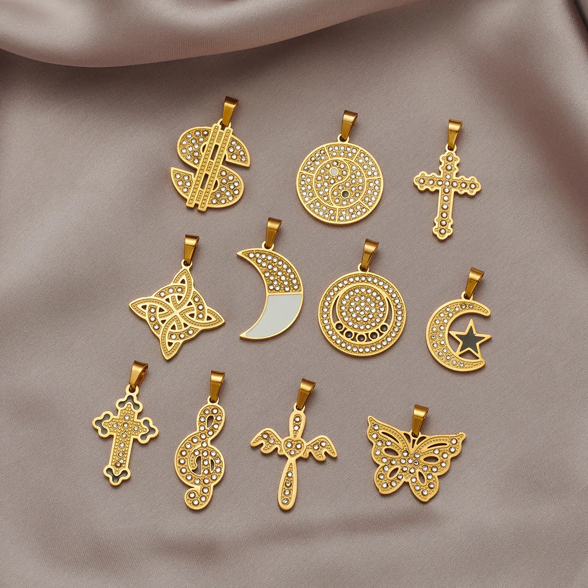 1 Piece 304 Stainless Steel Rhinestones 18K Gold Plated Cross Moon Butterfly Polished Pendant