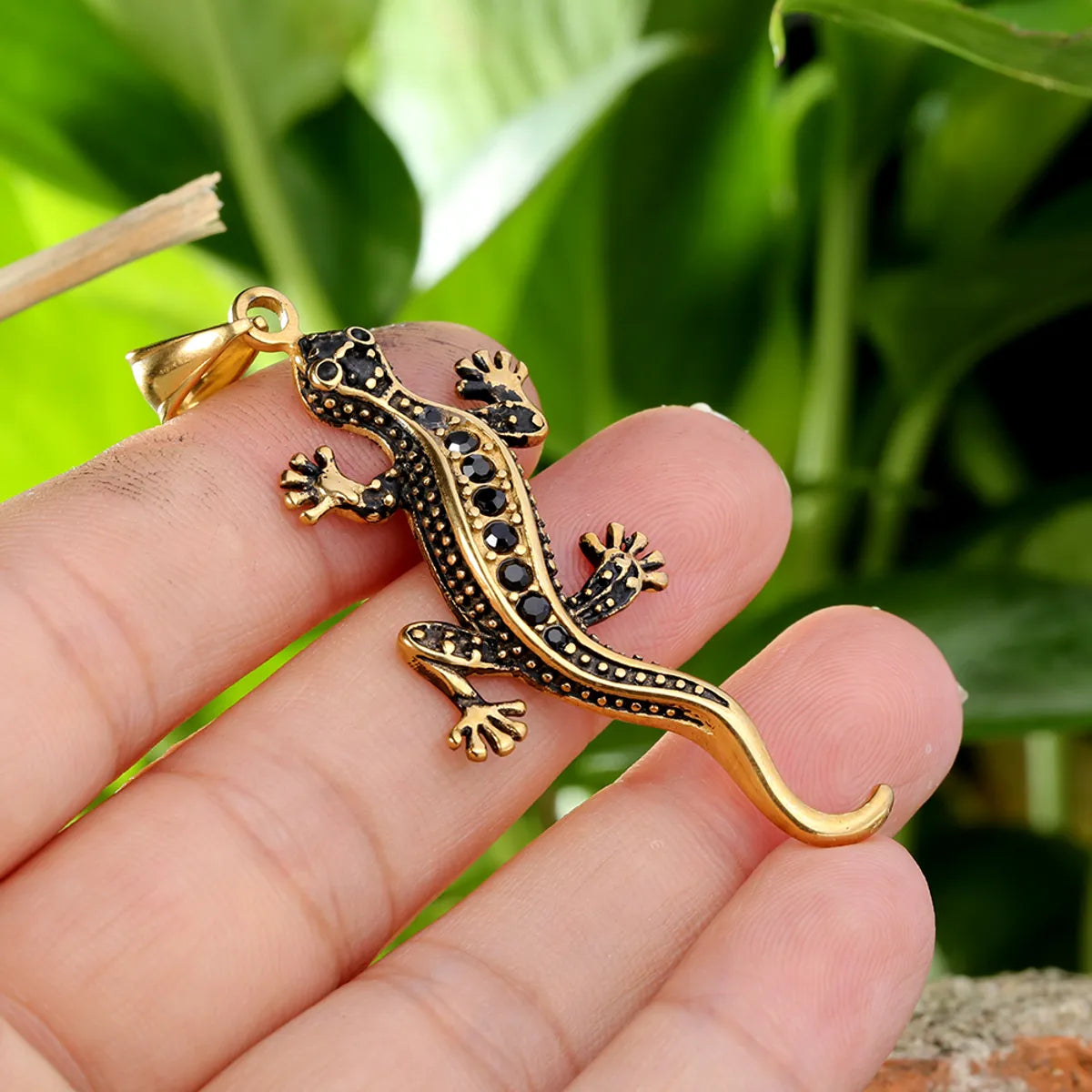 1 Piece 316 Stainless Steel  Rhinestones 18K Gold Plated Gecko Polished Pendant