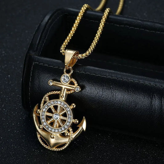 1 Piece 32*56mm Titanium Steel Rhinestones Rudder Anchor Pendant Chain