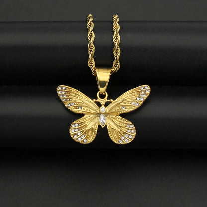 1 Piece 38*32mm 304 Stainless Steel Rhinestones Butterfly Pendant