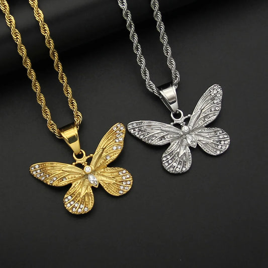 1 Piece 38*32mm 304 Stainless Steel Rhinestones Butterfly Pendant