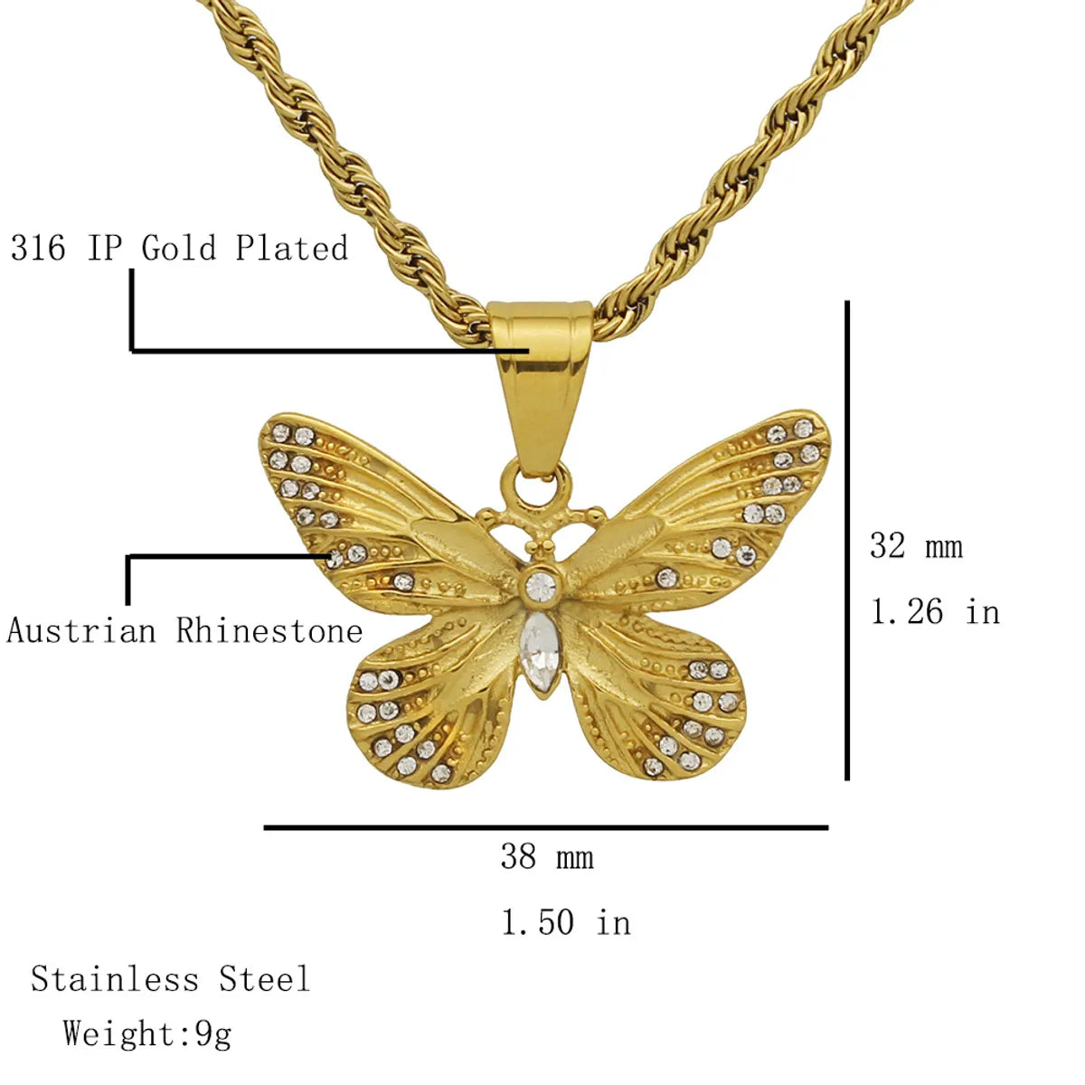 1 Piece 38*32mm 304 Stainless Steel Rhinestones Butterfly Pendant