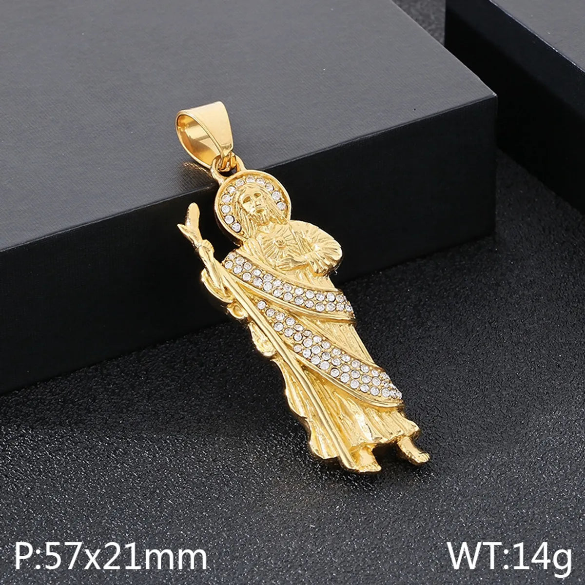 1 Piece 49*18mm 60cm 304 Stainless Steel Rhinestones 18K Gold Plated Human St. Funeral Pendant