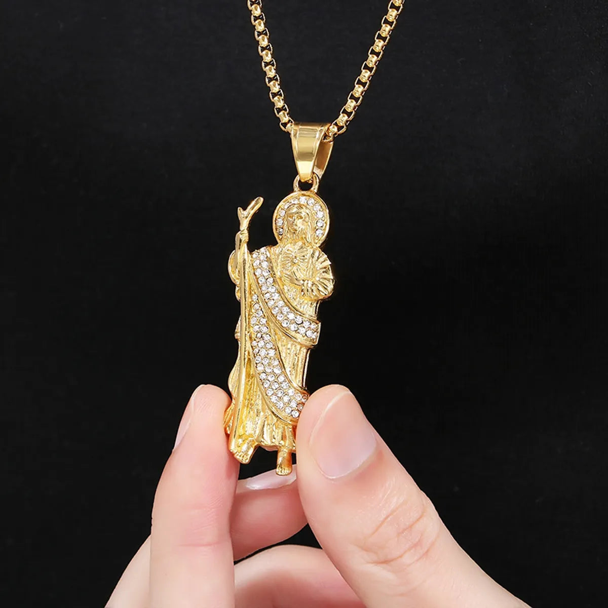 1 Piece 49*18mm 60cm 304 Stainless Steel Rhinestones 18K Gold Plated Human St. Funeral Pendant