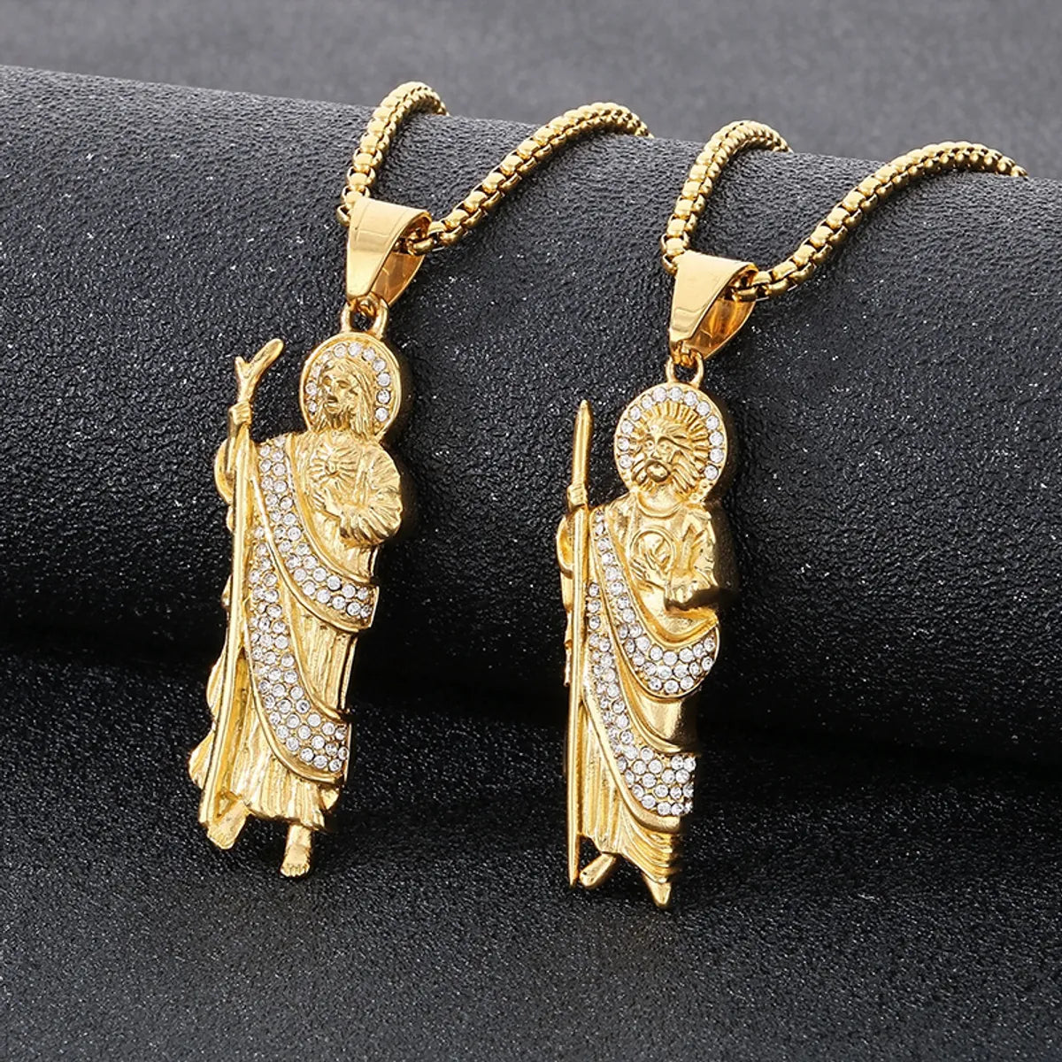 1 Piece 49*18mm 60cm 304 Stainless Steel Rhinestones 18K Gold Plated Human St. Funeral Pendant