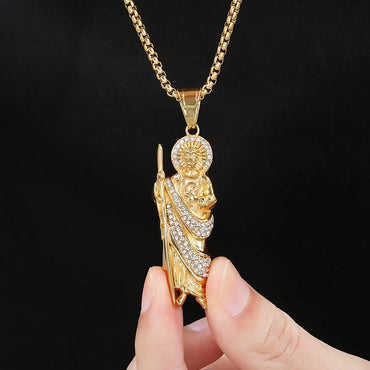 1 Piece 49*18mm 60cm 304 Stainless Steel Rhinestones 18K Gold Plated Human St. Funeral Pendant