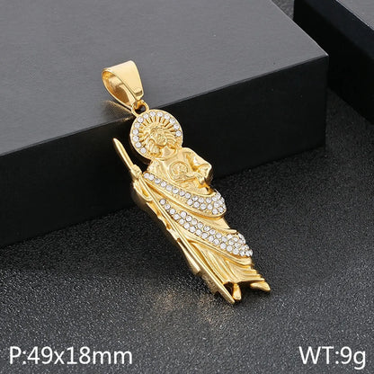 1 Piece 49*18mm 60cm 304 Stainless Steel Rhinestones 18K Gold Plated Human St. Funeral Pendant