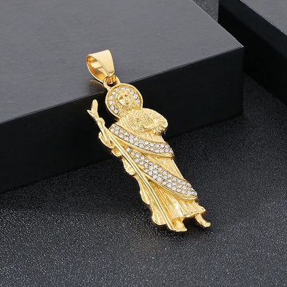 1 Piece 49*18mm 60cm 304 Stainless Steel Rhinestones 18K Gold Plated Human St. Funeral Pendant