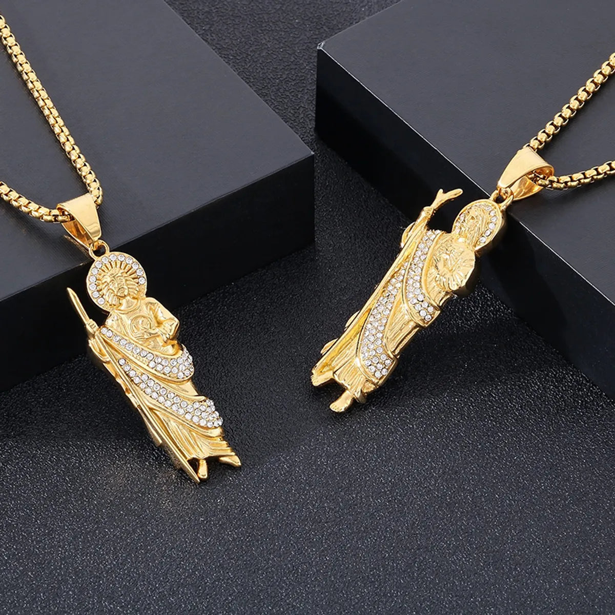 1 Piece 49*18mm 60cm 304 Stainless Steel Rhinestones 18K Gold Plated Human St. Funeral Pendant