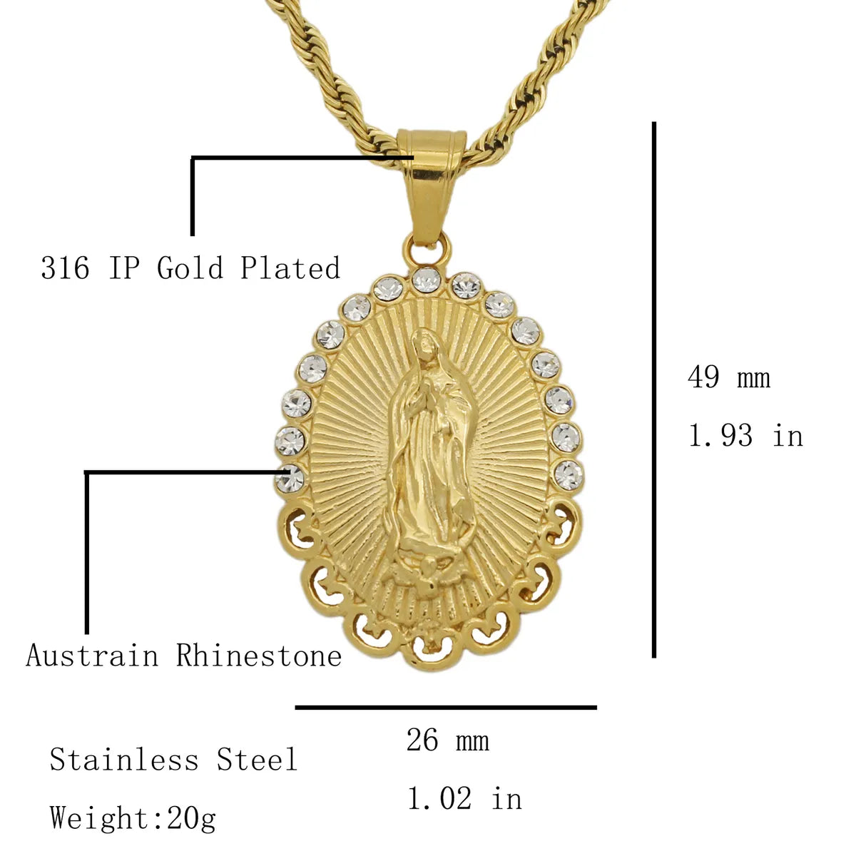 1 Piece 49*26mm 316 Stainless Steel  Rhinestones Virgin Mary Pendant