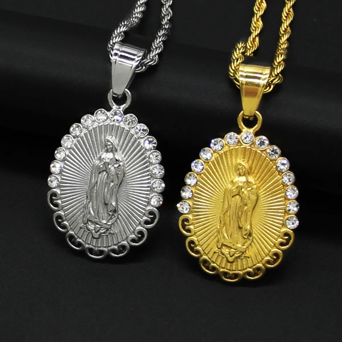 1 Piece 49*26mm 316 Stainless Steel  Rhinestones Virgin Mary Pendant