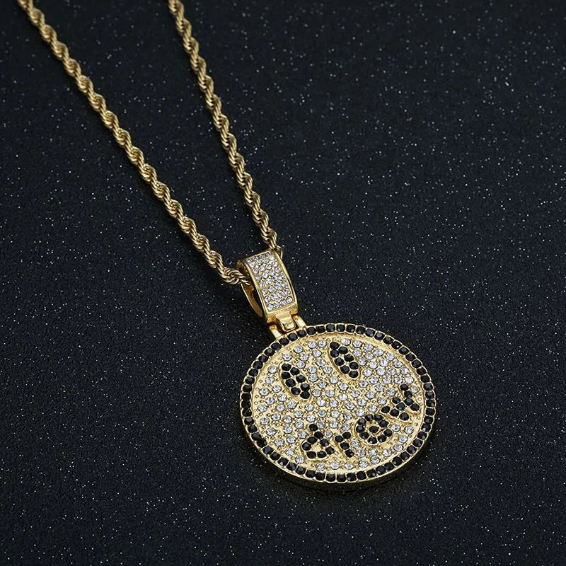 1 Piece 53*35mm 61CM 316 Stainless Steel  Rhinestones Gold Plated Geometric Smile Face Pendant Chain