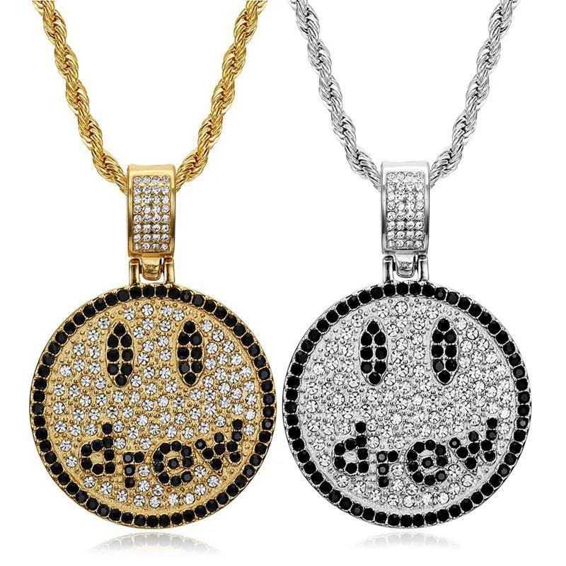 1 Piece 53*35mm 61CM 316 Stainless Steel  Rhinestones Gold Plated Geometric Smile Face Pendant Chain