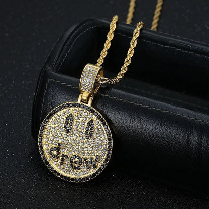 1 Piece 53*35mm 61CM 316 Stainless Steel  Rhinestones Gold Plated Geometric Smile Face Pendant Chain